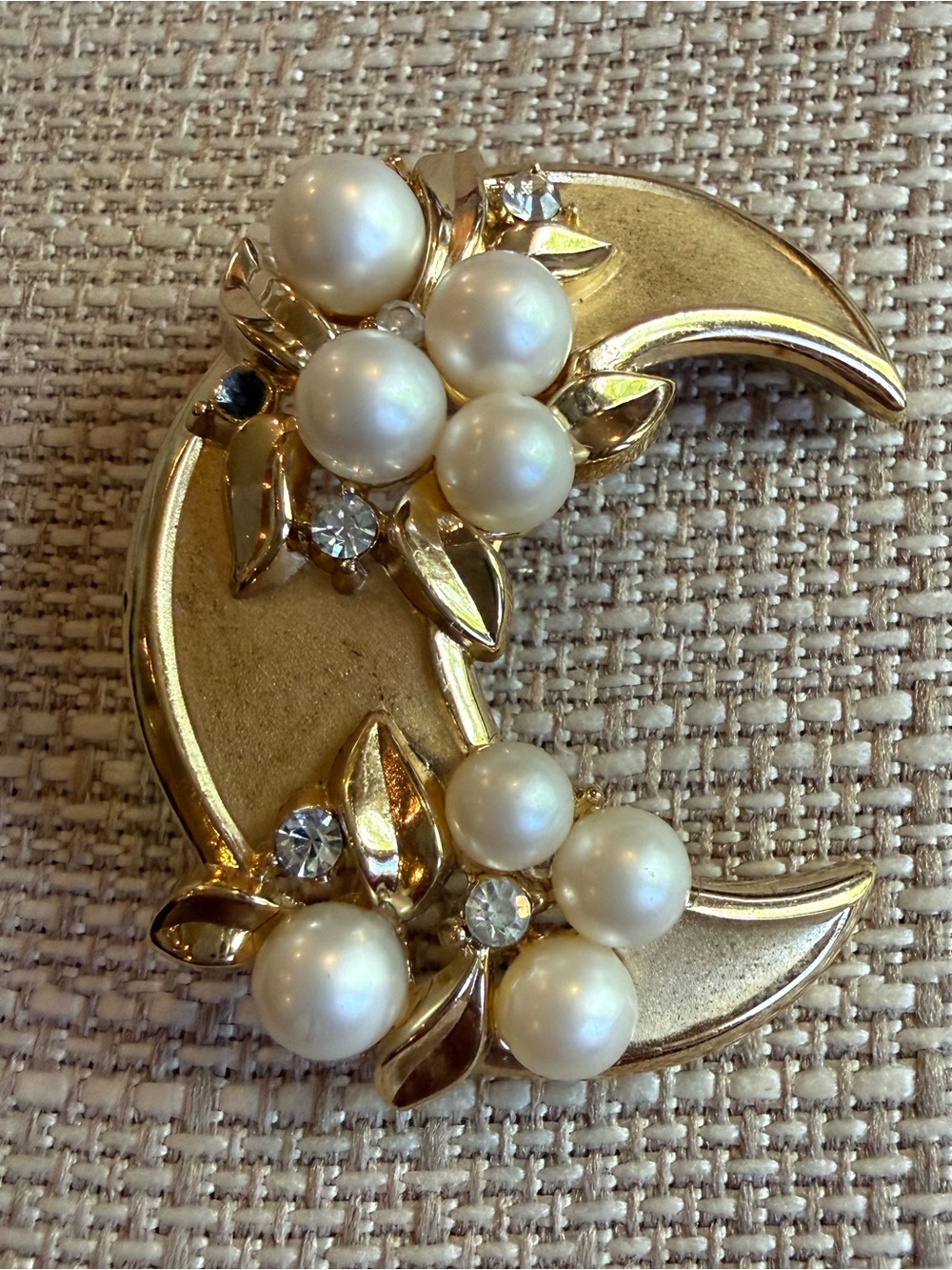 Vintage Crown Trifari Gold-Tone Pearl & Crystal Crescent Brooch